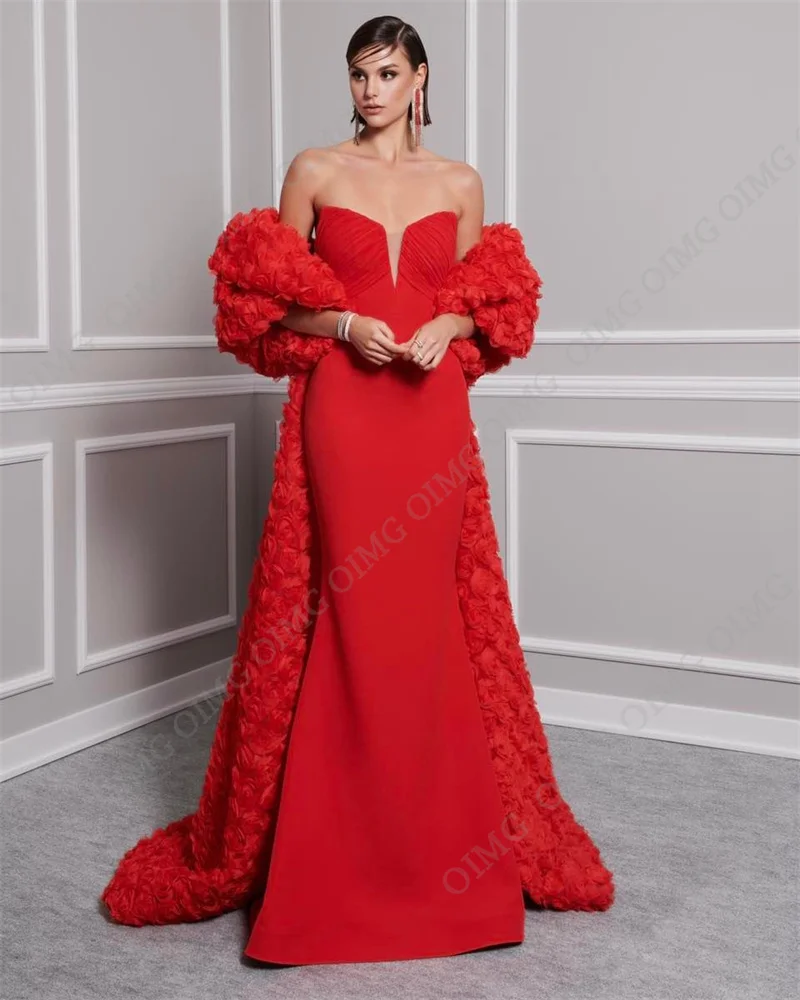 OIMG Flwoers Vestido de fiesta de boda, Vestido de noche rojo, Vestido de baile de novia, tren de corte, princesa sin tirantes, talla grande