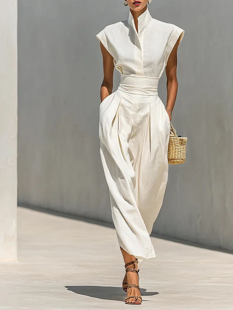 

Elegant Lady Slim Pleated Midi Dresses Fashion Solid Stand Collar Sleeveless Commuting Dress Summer New High Waist Pocket Dress