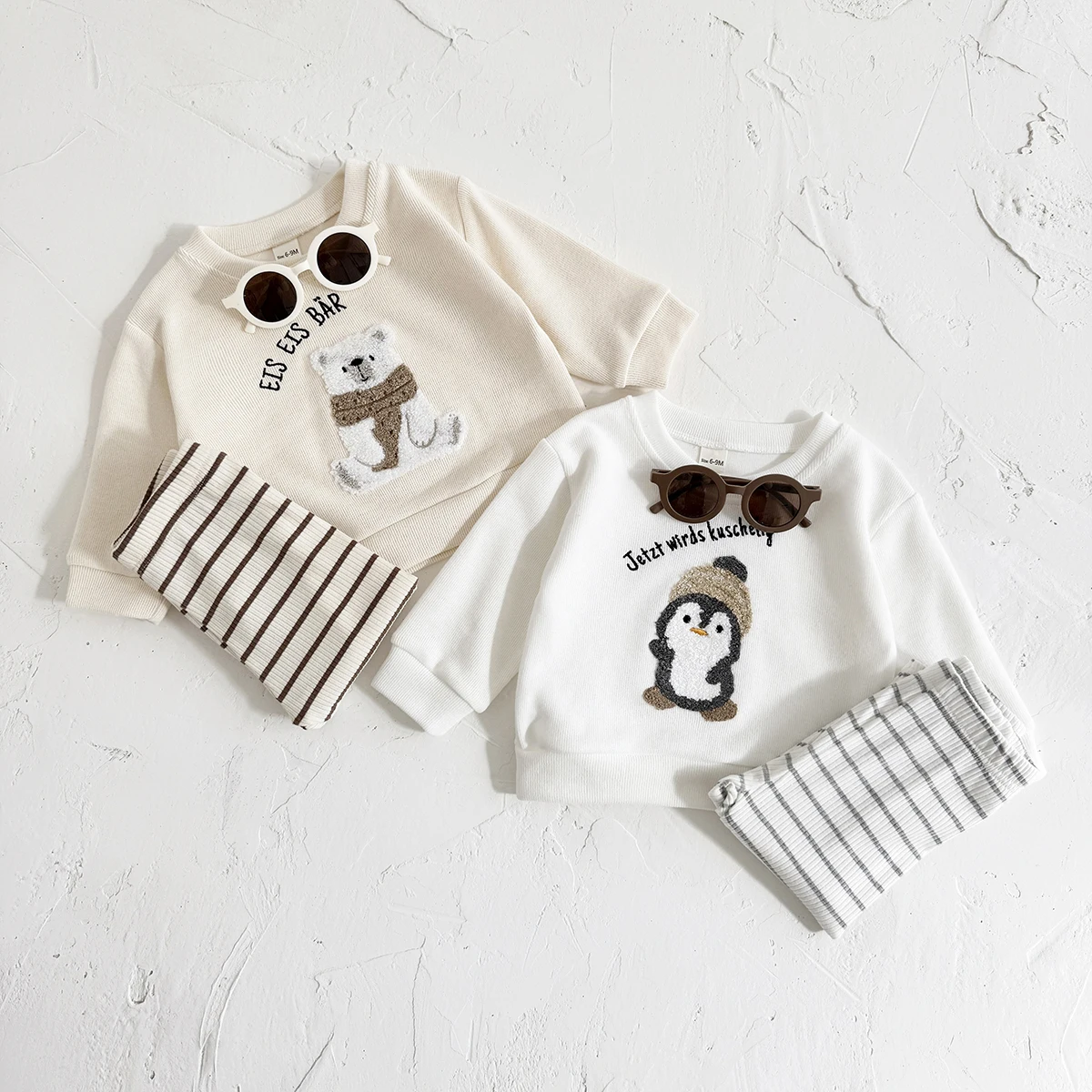 Autumn Boys Girls Clothing 2PCS New Baby Suits Cartoon Polar Bear Embroidery Pullover Top+Bottom Long Sleeves Cute Infant Sets