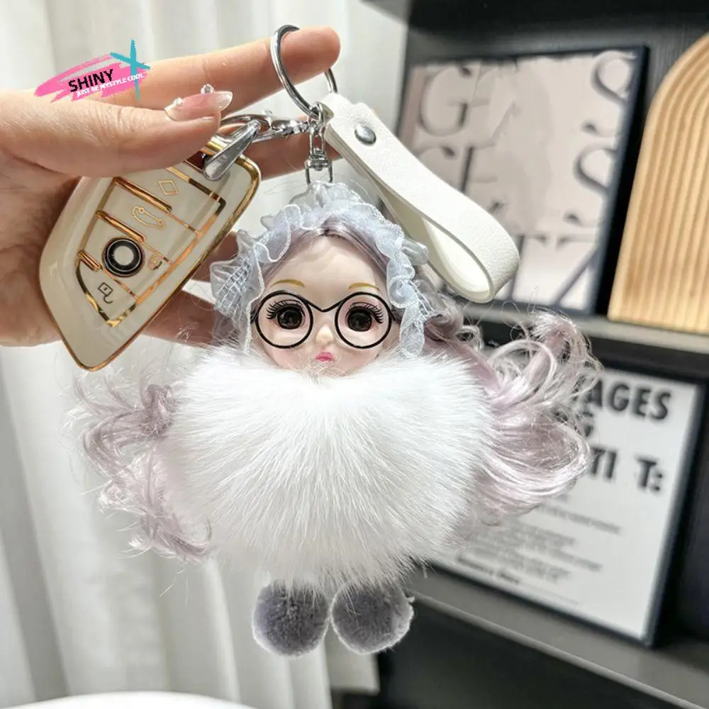 Fashion Kawaii Pompom Sleeping Baby Keychain Hairball Bowknot Fluffy Toys Wavy Hair Ornaments Plush Dolls Pendant Backpack Decor