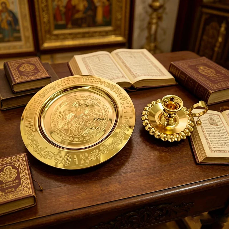 Vintage vergoldeter orthodoxer Kerzenhalter mit Scheibentablett für Kirchenliturgie, Hausaltar, Gebet, Andacht, christliches religiöses Geschenk – Detail 3