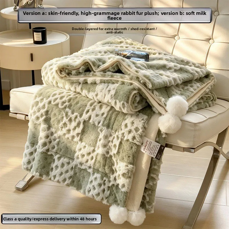 Checkered Faux Rabbit Fur Blanket with Pom Poms Thick Warm Milk Velvet Blankets for Bed Sofa Double Layer Plush Winter Blanket