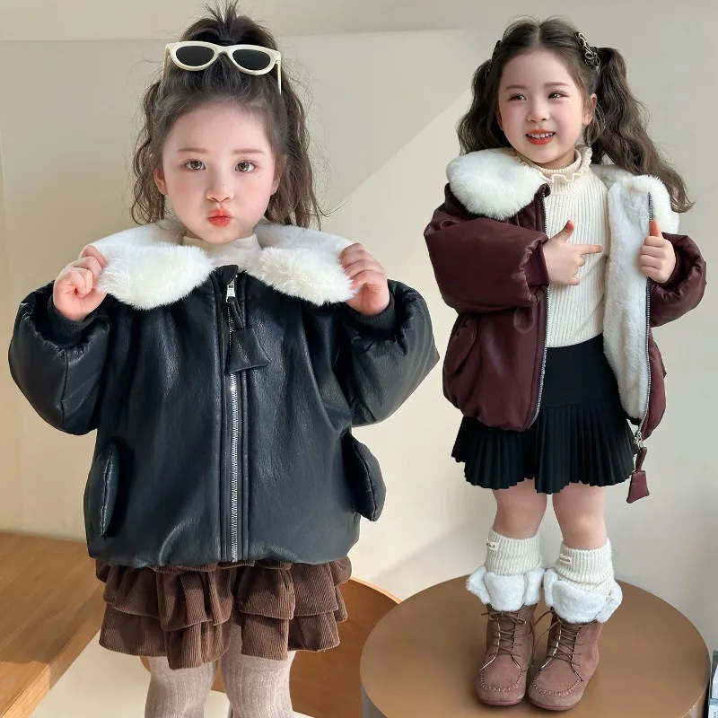 Girls Leather Jackets Children's Plush Velvet Coats Kids Winter Warm Padded Outerwear Teenager Turn-down Clothes 2026 New