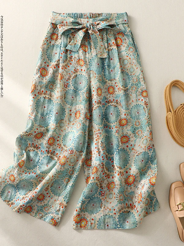 

High-End Artistic Vintage Print Wide Leg Pants Women's plus Size Slimming Nine-Tenths Casual Skirt Pants Summer Leisure