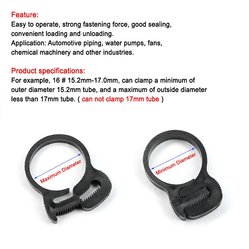 10Pcs Plastic Hose Clamps 3.8mm ~ 80mm Easy to Use Water Pipe Strong Clip Spring Cramps Fuel Air Tube Fitting Fastening Buckles