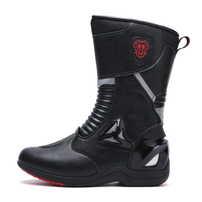 JG Wolf Men's Motorcyclist Boots Leather Breathable Motocross Boots Reflective Motorcycle Shoes Black Racing Shoes Anti-slip