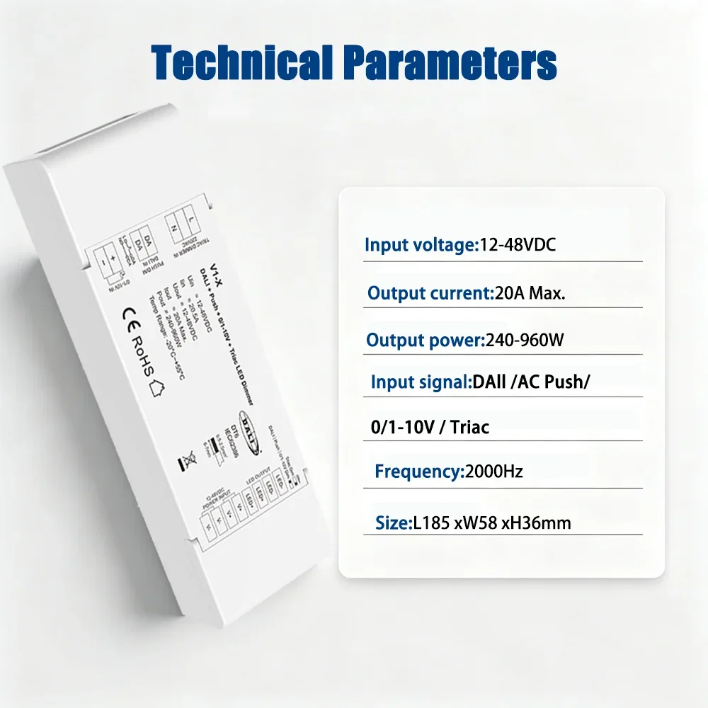 DC12V-48V DALI Push 0/1-10V Triac LED Dimmer V1-X 1CH DT6 Single Color Strip 4in1 Dimming PMW Dimming for 5050 COB Strip Light