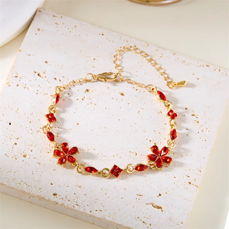 Charm Red Crystal Zircon Flower Bracelet For Women Vintage Boho Full Rhinestone Flowers Bangles Girls Party Christmas Jewelry