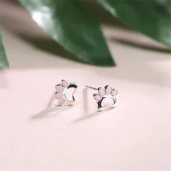 New Fashion Jewelry Beautiful Creative Cute Animal 925 Sterling Silver Sweet Cat Claw Pink Exquisite Stud Earrings  E085
