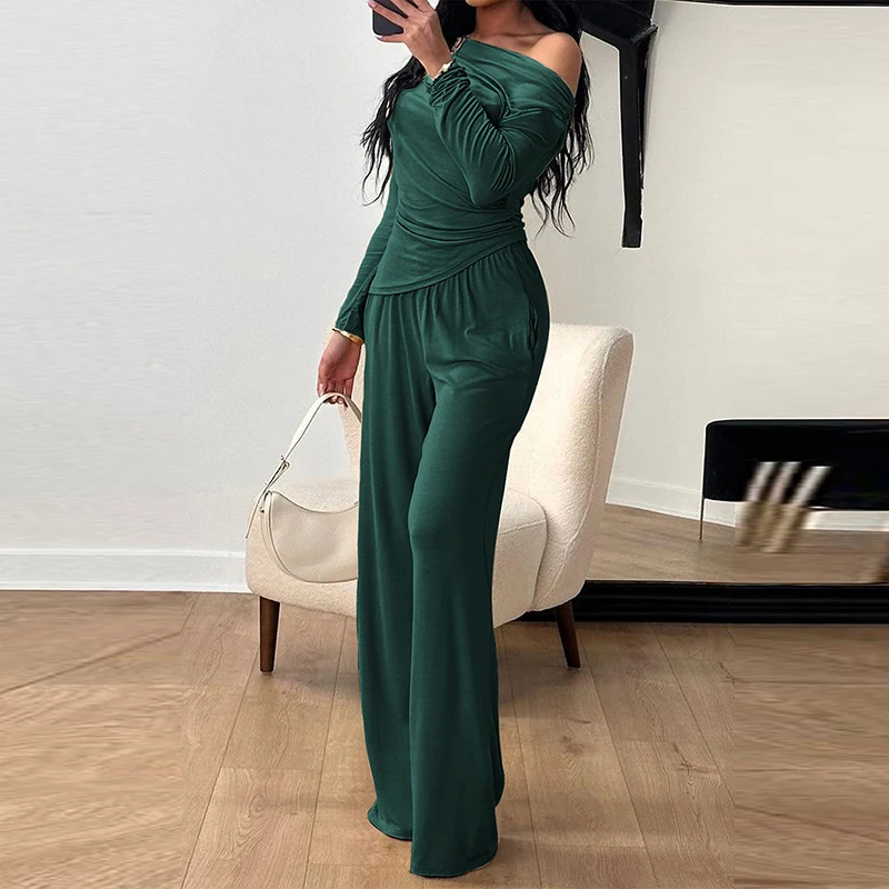 Sexy Slash Collar Pullover & Long Pant Suit Women Casual Long Sleeve Solid Color 2Pc Outfits Office Elegant Draped Commute Sets