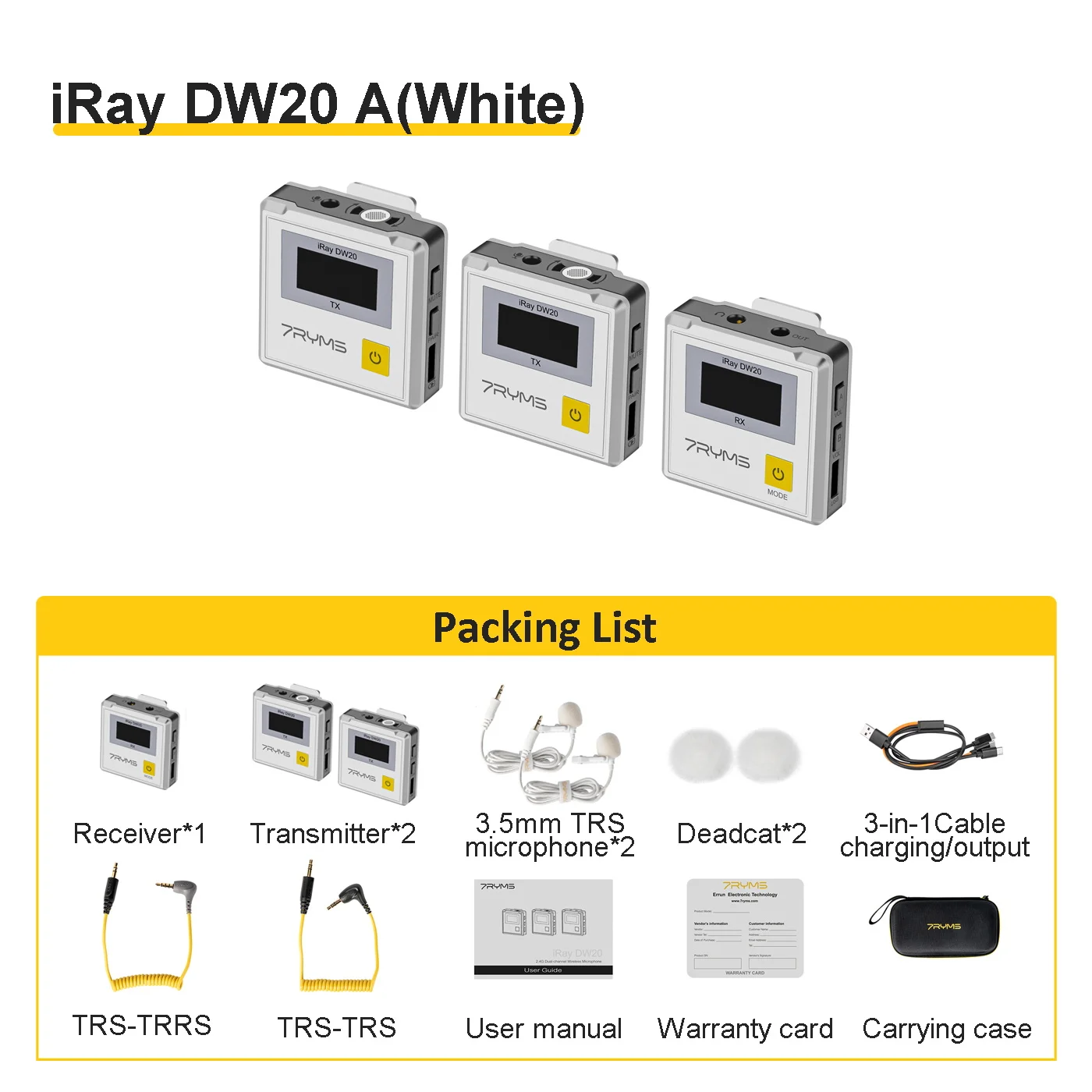 7RYMS iRay DW20 draadloze lavaliermicrofoon, 2.4G reversmicrofoon voor cameratelefoon video-interview YouTube live streaming tiktok