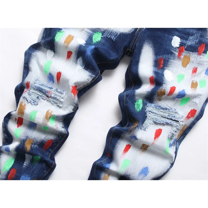 Personalized Paint Printing Design Trendy Jeans Men's Slim Stretch Street Fashion and Handsome Water Washed Hole Trousers
