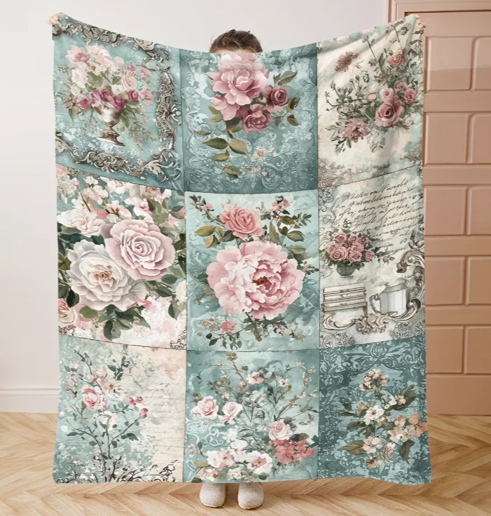 1pc Mid-Century Vintage Floral Patchwork Throw Blanket Soft All-Season Cozy Warm Versatile for Bed Sofa Office Camping Blanket