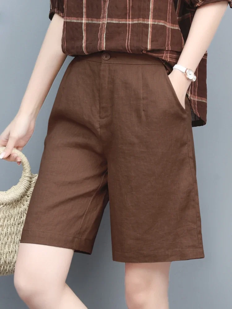 

High Waist COTTON Linen Women's Shorts Loose Casual Solid Women's Summer Shorts Basic Black Coffee Semi-elasticated Waist Shorts