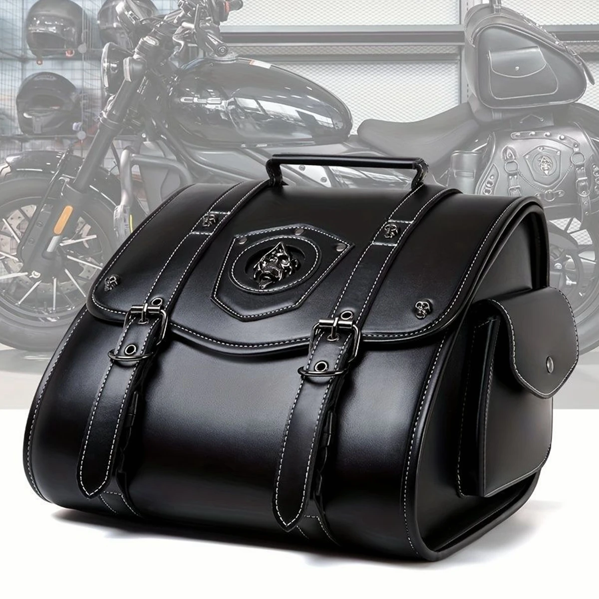 PU leather motorcycle tail bag waterproof metal buckles detail