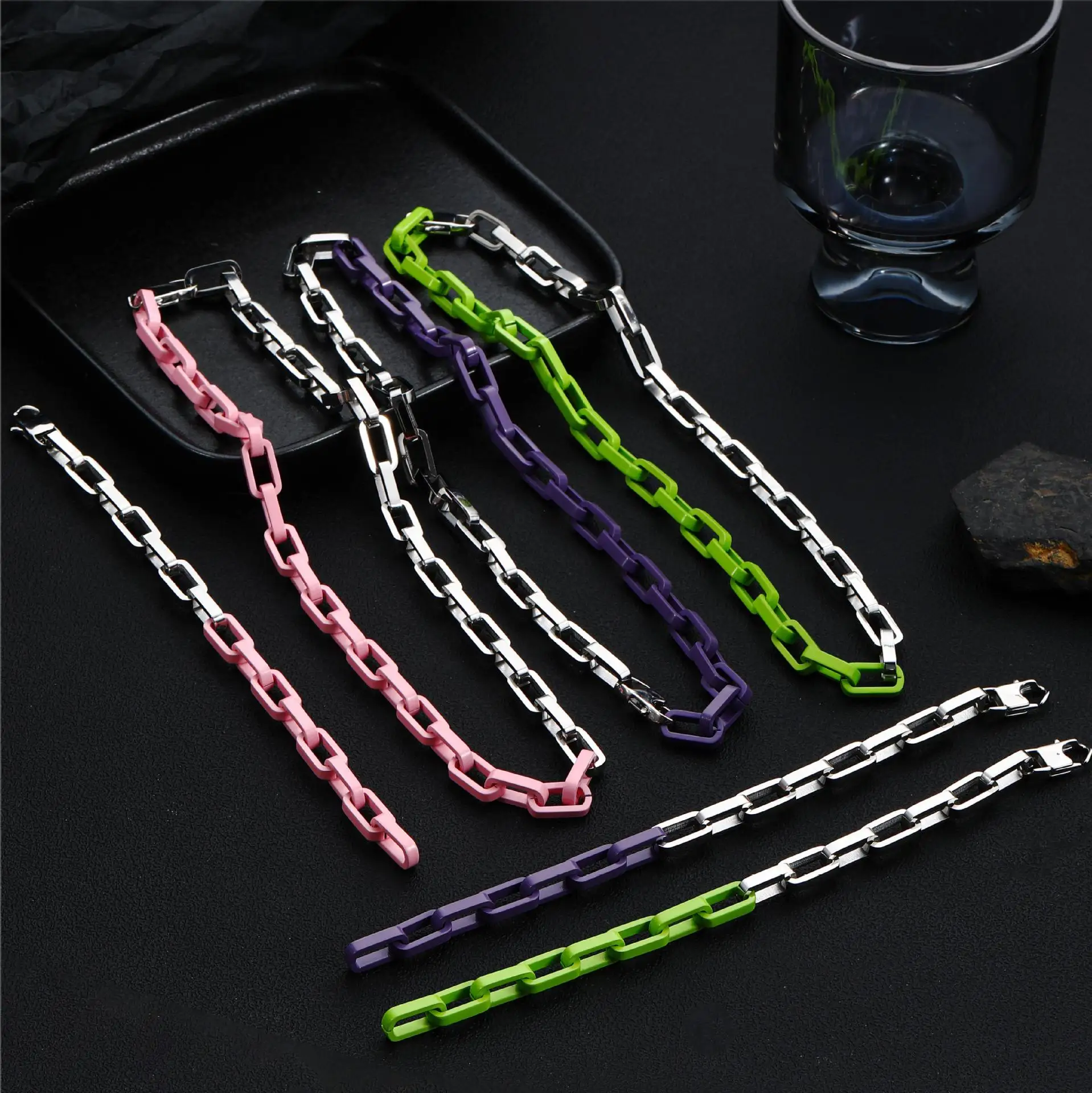 Stainless steel paint splicing Cuban chain thick bracelet niche high-grade light luxury titanium steel necklace hip-hop men