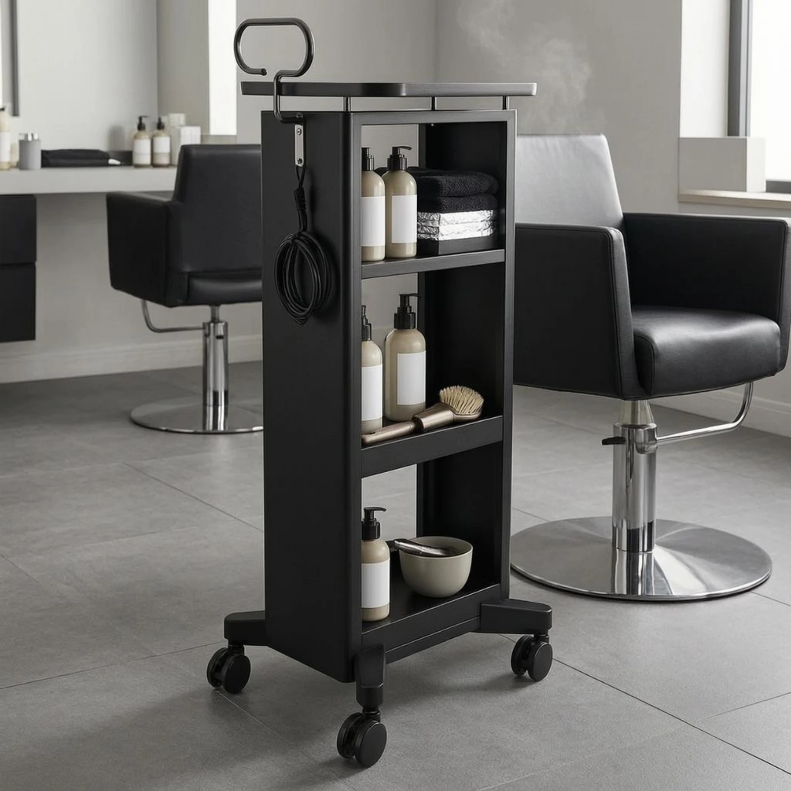 Salon Trolley Metal Hairdressing Trolley Hair Stylist Station Black Rolling Cart Narrow for Hairdressers