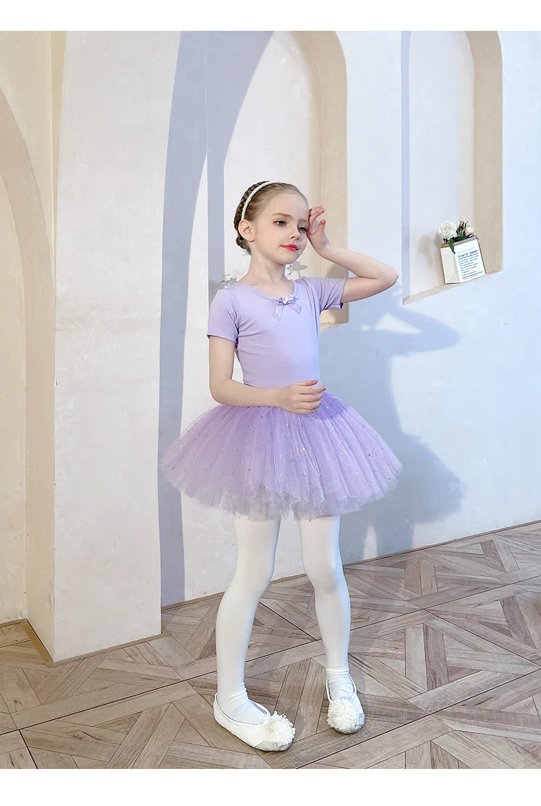 Summer Short Sleeve Girls Practice Dress Gauze Dress Pink Toddler Ballet Children Dance Dress