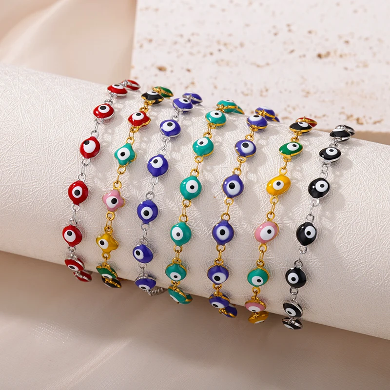 Boho Colorful Evil Eye Stainless Steel Bracelet for Women Round Bead Chain Bracelets Beach Vacation Jewelry Bohemian Accessories