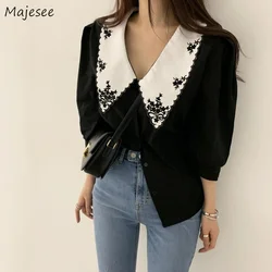 Shirts Women Embroidery Puff Sleeve Panelled Summer Tender Popular Aesthetic Simple Casual Cozy Design Feminino Trendy Ins Mujer