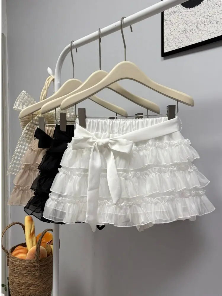 plus Size Sweet  Knot Mesh Cake Skirt Women High Waist Slim A-Line Short Skirt Layered Half Skirt Summer Fashion