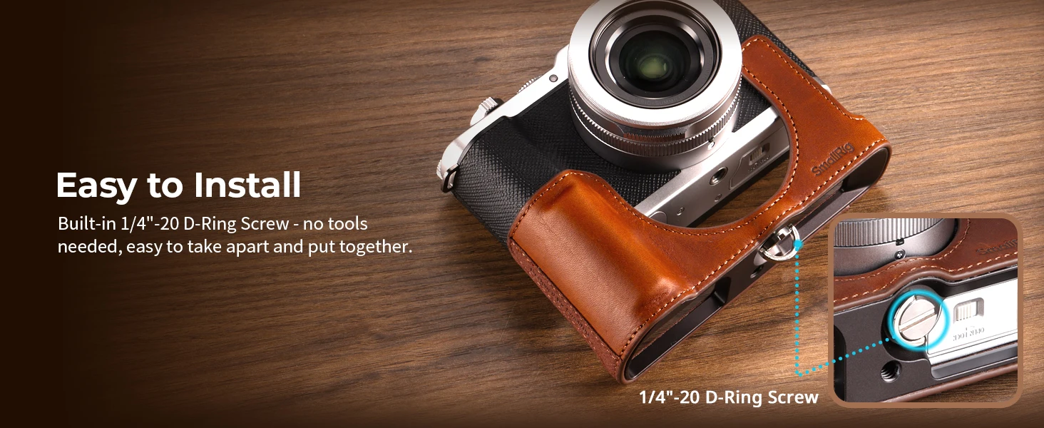 SmallRig LUMIX L10 Leder-Halbhülle für Panasonic LUMIX L10, Braun/Schwarz, integriertes 1/4"-20 Gewindeloch, Retro-Ästhetik -5699 – Detail 3