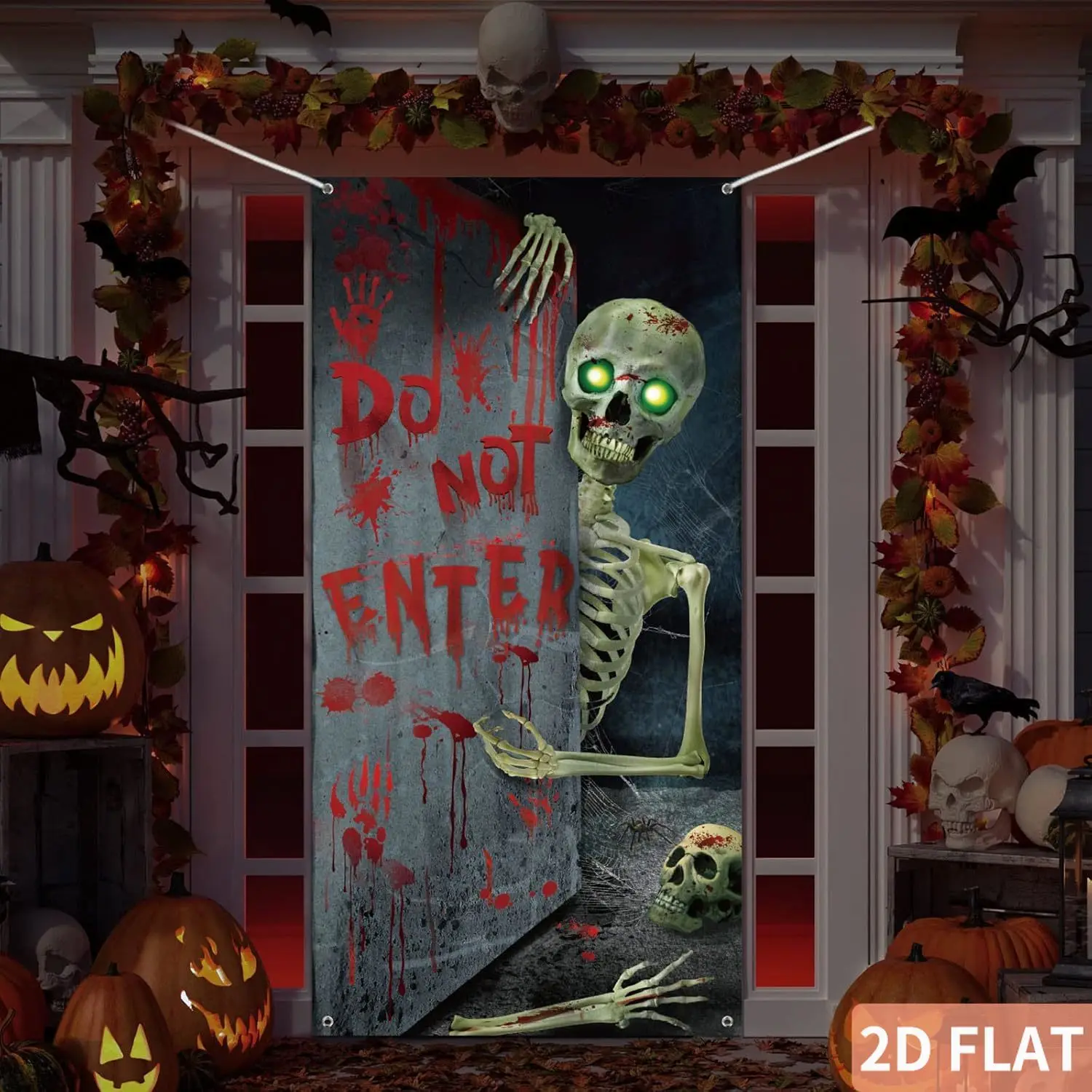 

2D Flat Halloween Skeleton Hanging Banner with 4 Holes, Door Banner/Cover Decorations, Large Fabric Scary Skull Banner Backdrop