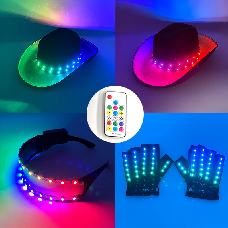 Remote control Colorful luminous hat LED light up hat with gloves glowing Electronic dance costumes for stage performances