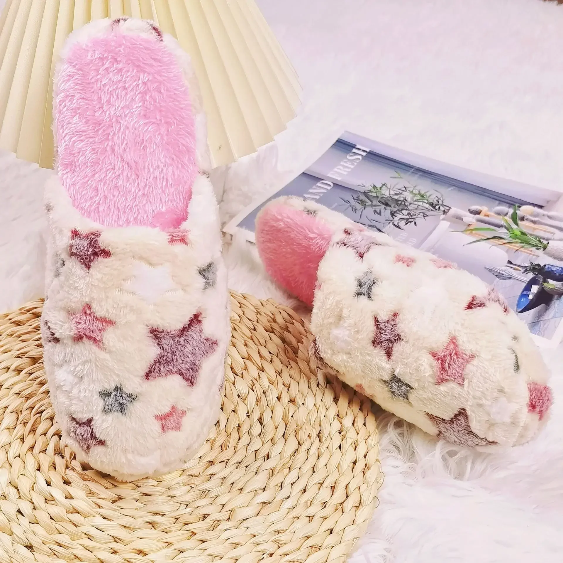 Indoor anti slip fuzzy slippers, cotton slippers for women in autumn and winter, warm home, anti slip thick soles for indoor cou