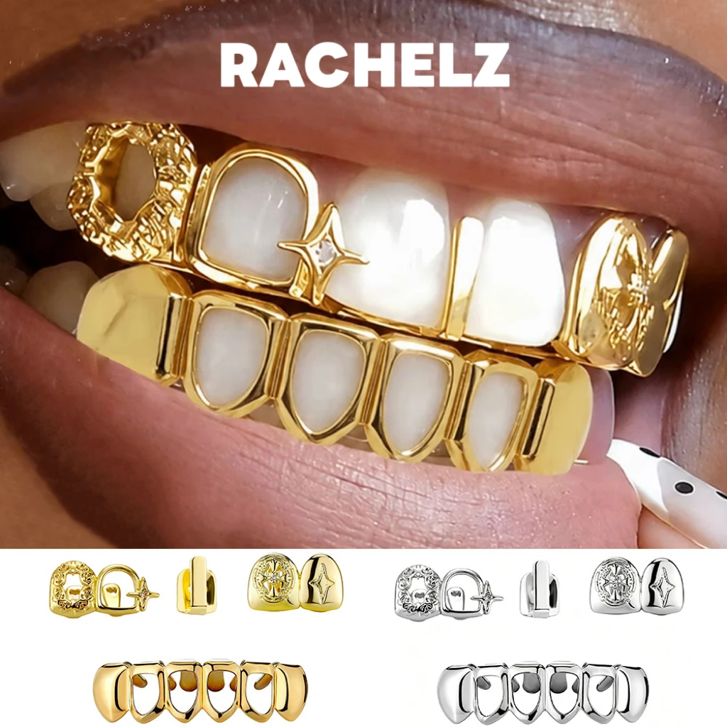 RACHELZ 4PCS/Set Y2K Hollow Star Cross Teeth Grillz Hip Hop Bottom Zircon Tooth Caps For Unisex Jewelry Dental Grills Gift