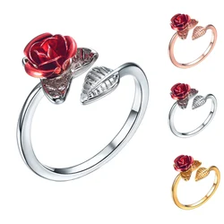 U7 Leaf and Red Rose Flower Open Rings Cuff for Women Flower Charm Adjustable Size Love Romantic Birthday Jewelry GIft for Her