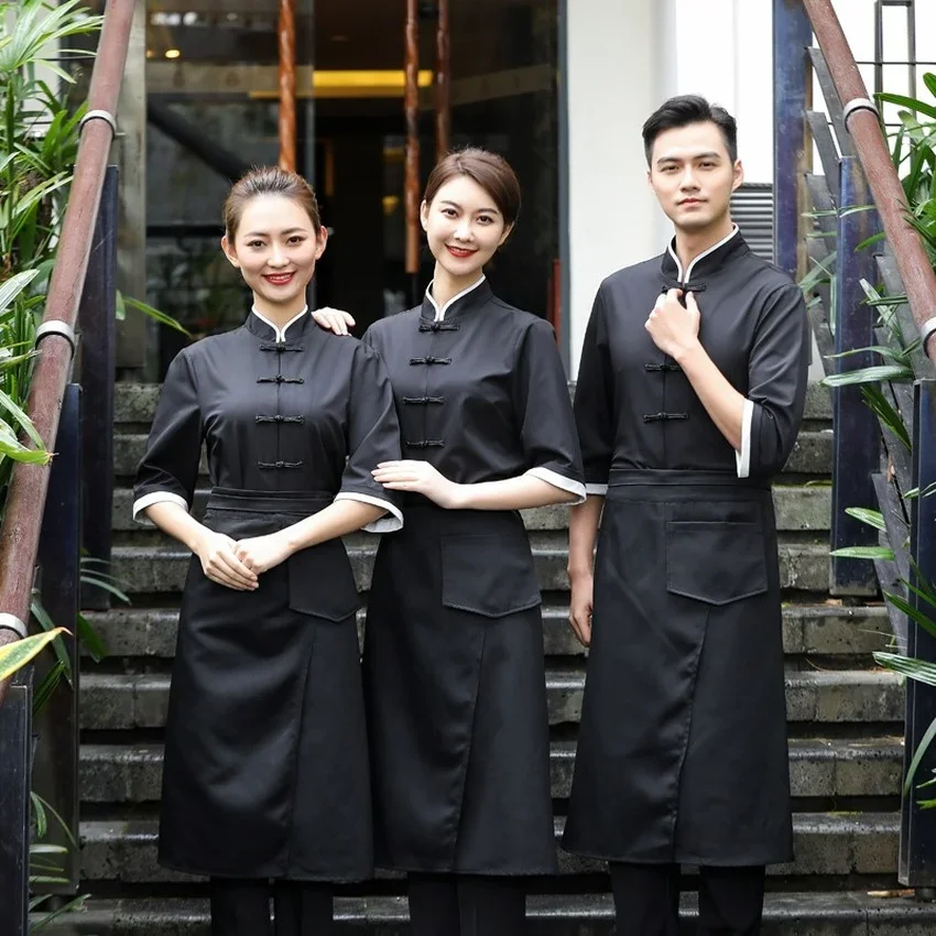 Ristorante cinese Chef Uniforme Cameriere Vestiti Tradizionale Tang Suit Cuoco Camicia a mezza manica Grembiule unisex Donna Uomo Tinta unita