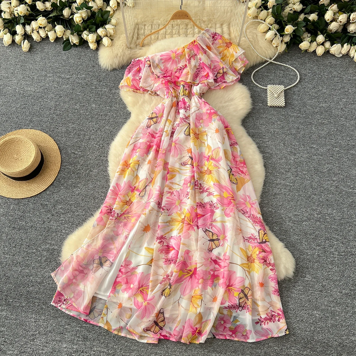 Elegant Print Vintage Diagonal Collar Ruffle Chic Chiffon Slim Split Long Dresses Fashion Beach Vacation High Street Clothing