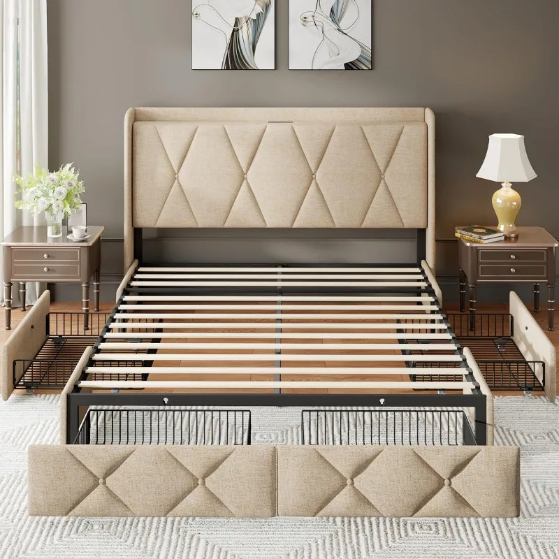 Full Bed Frame with 4 Storage Drawers,Upholstered Button Tufted Storage Headboard with Fast Charging Station,No Box Spring Need