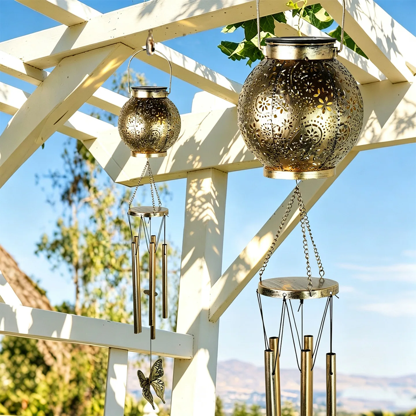 for Solar Butterfly Wind Chime Light Featuring Vintage-Finish Iron Construction LED Illumination and Wind-Sensitive Chimes