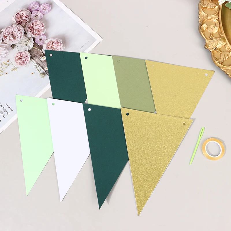 1Set Gold And Green Paper Triangular Flags Bunting Baby Bride Gift Party Birthday Party Decoration Wedding Party Banner