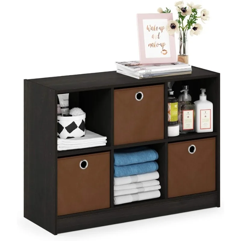 Basic 3x2 Cube Storage Bookcase Organizer with Bins, Espresso/Brown