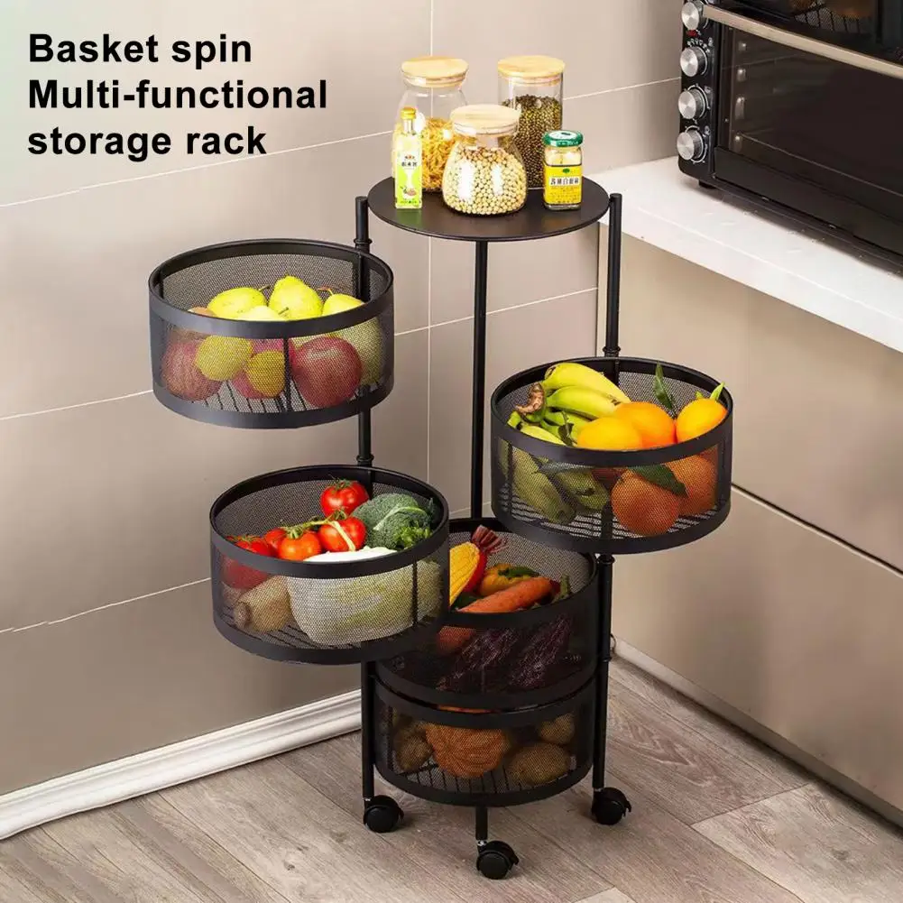 Kitchen Storage Cart, 5 Tier Circular Rotating Basket, Large Storage Rack with 360 Degree Wheels, Fruit Vegetable Metal Wire She