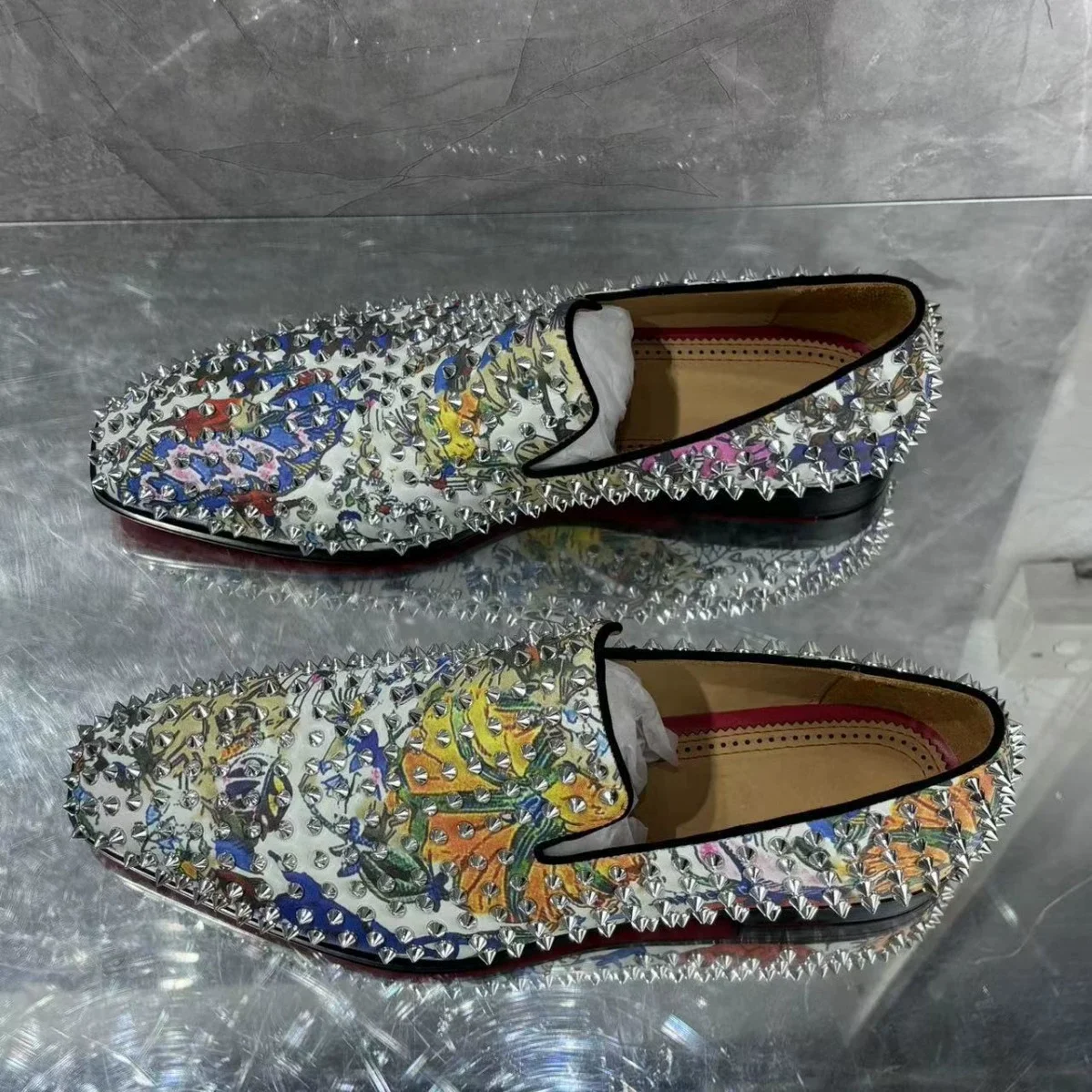 

Men Colorful Print Rivet Round Toe Loafer Shoes Male Spring Autumn Slip On Flat Heel Breathable Casual Single Shoes