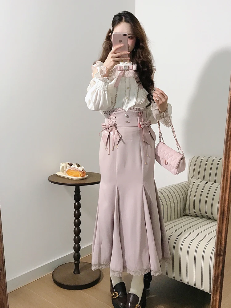 

Elegant Long Sleeve Shirt And Pink Fish Tail Skirt Two Piece Set for Women High Waist Slimming Autumn Winter Fashion Ensemble