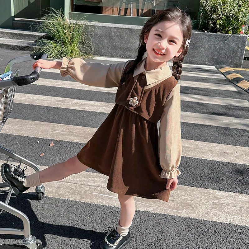 Little Girl Fake Two-Piece Princess Dress2025Son.Trendy Floral Color Block Dress for Children Spring and Autumn Hot Sale