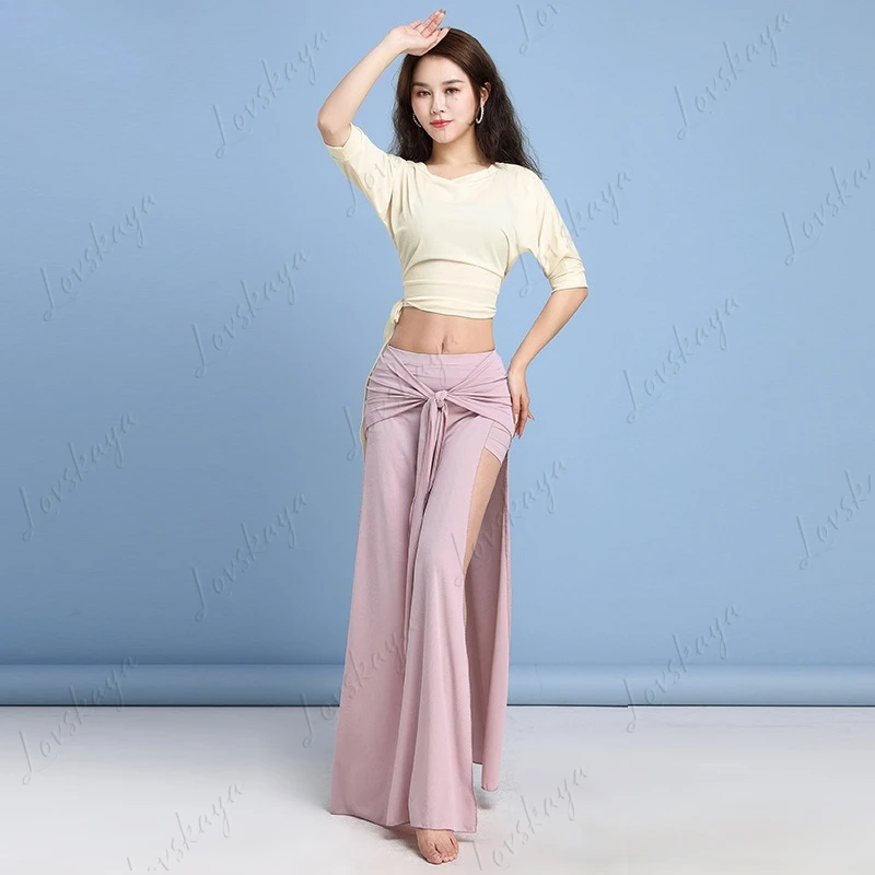 New Dance Belly Dance Slant Shoulder Contrasting Color Strap Practice Suit Split Fork Long Skirt Set Oriental Dance Suit