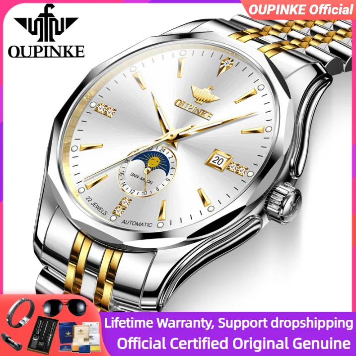OUPINKE 3275 Classic Men's Watch Stainless Steel Waterproof Original Watch Moon Phase Automatic Date Automatic Mechanical Watch