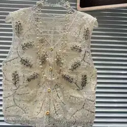 Luxury Sequined Diamonds Embroidery Vest Women Heavy Industry See Through Sleeveless V Neck Short Tops Summer Fashion Waistcoat