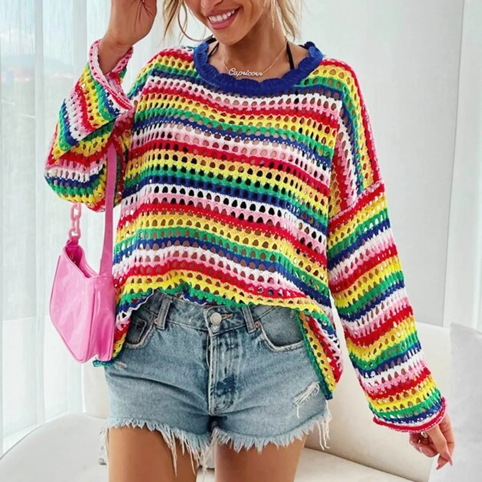 

Fashion Casual Knit Sweater Women Long Sleeve Striped Hollow Out Splicing Round Neck Tops Loose Pullovers Jumper Streetwear