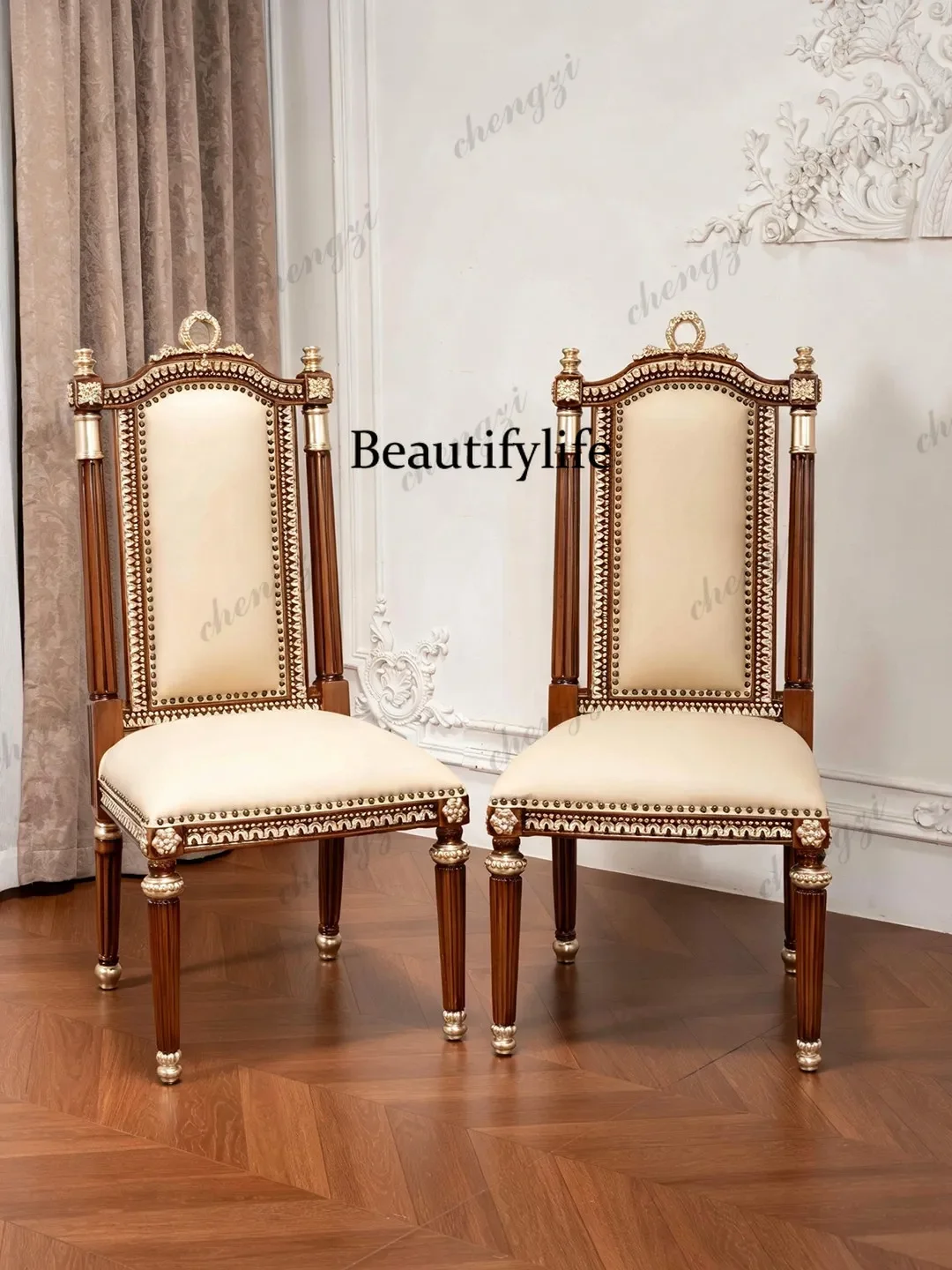 p182 French retro solid wood dining chair European study, dining room back seat Chinese antique light luxury leisure chair