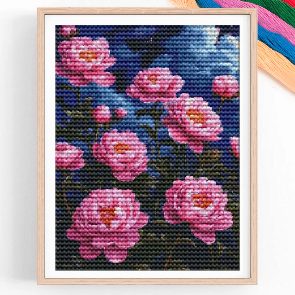 11CT Cross Stitch Peony Night Flower Landscape Full Embroidery Wall Decor Cotton Thread Printed New Decorative Paintings