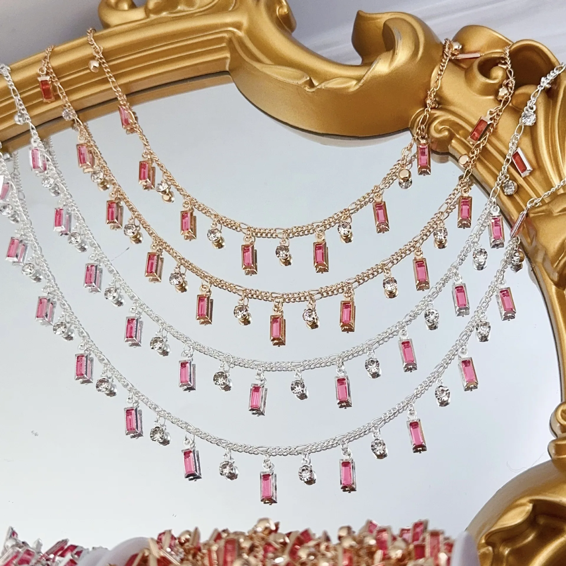 10M Wholesale Quality Pink Green Rectangular Crystal Tassels Copper Chain DIY White Pink Exquisite Necklace Bracelet Accessories