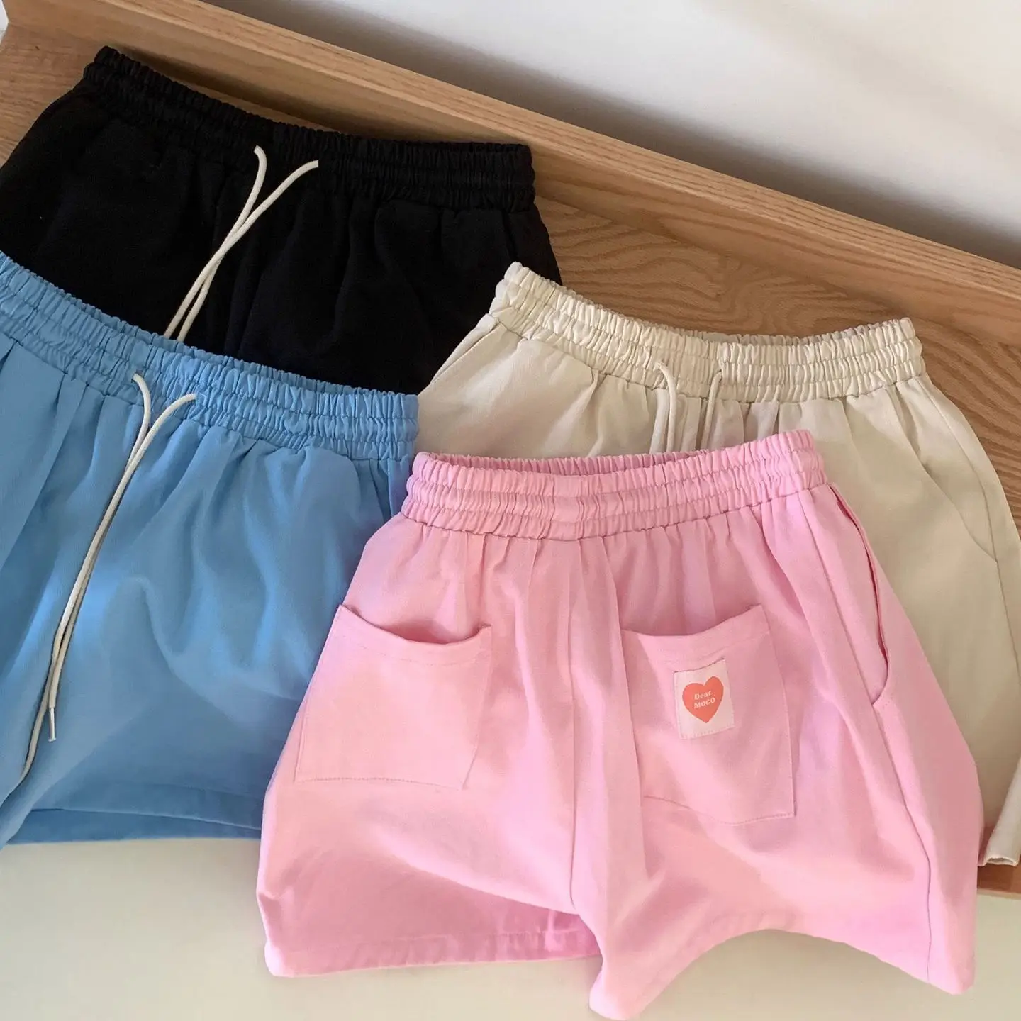 Gadis Energik Korea Dongdaemun Kaki Lurus Dstring Pinggang Label Hati Celana Kasual Wanita Musim Semi Musim Panas