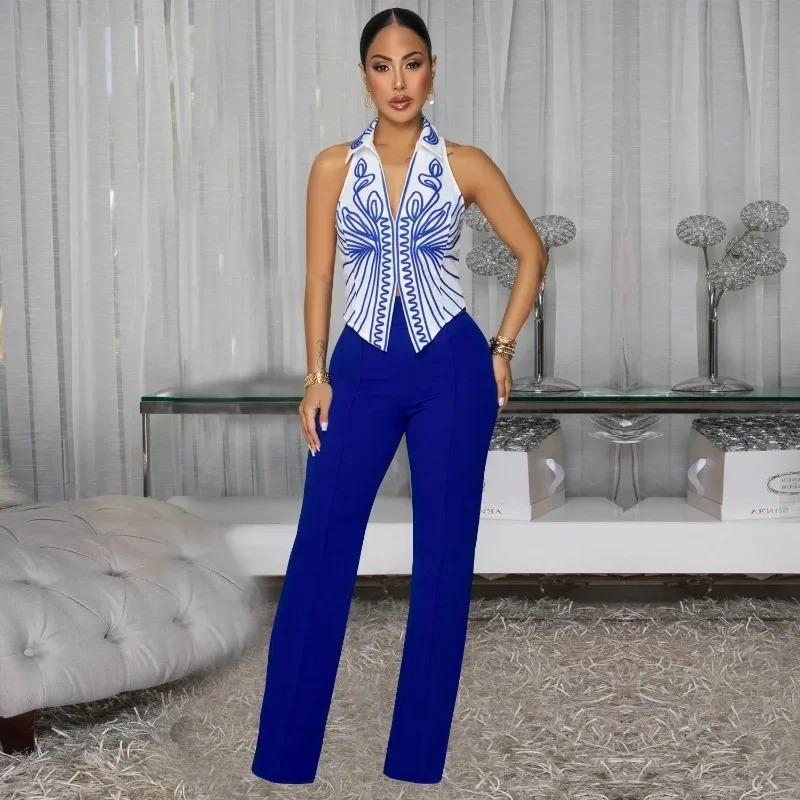 

GUWU Элегантный модный женский комплект без рукавов с принтом, рубашка и широкие брюки, 2025 год, праздничный комплект из двух предметов для отпуска, комплект одежды